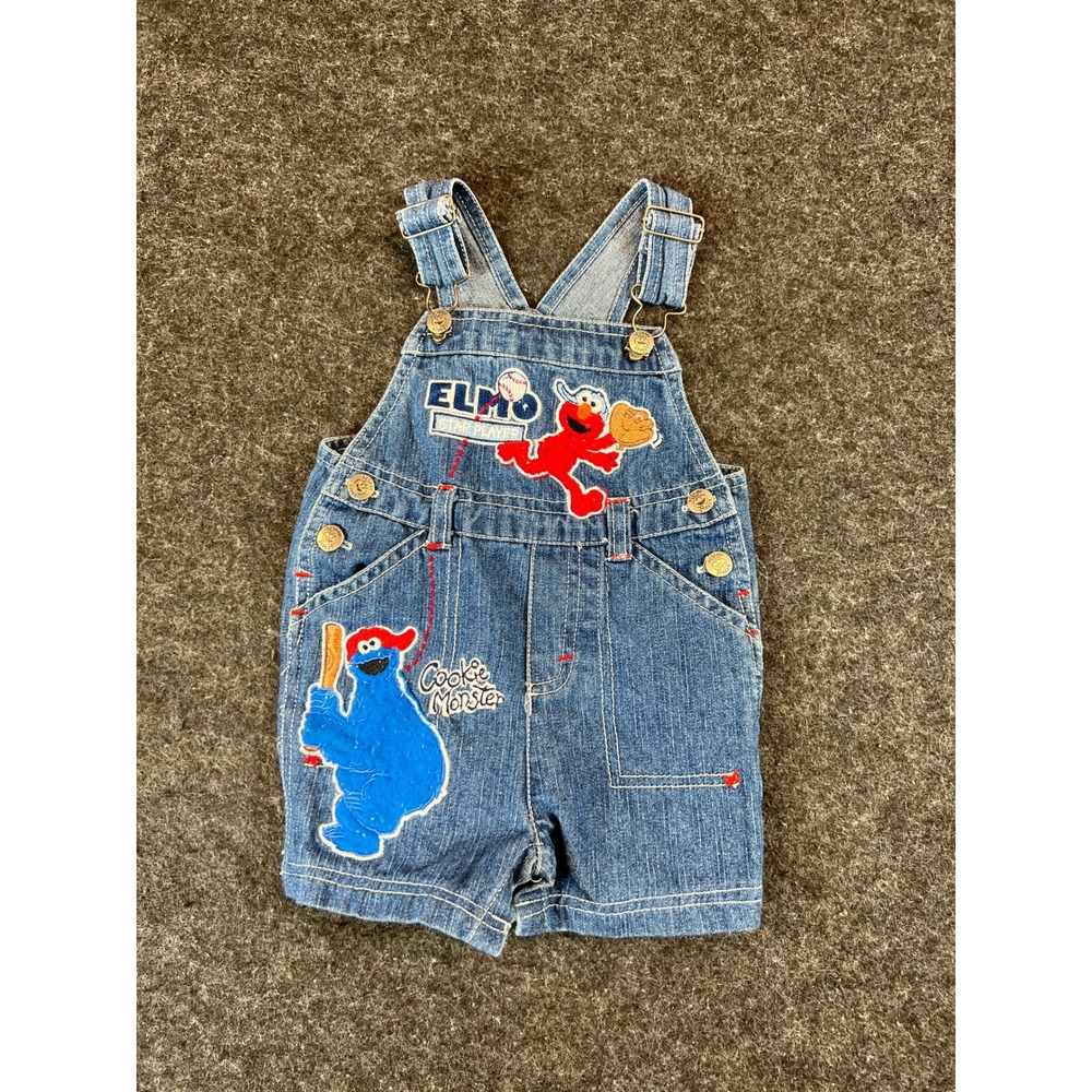 Sesame Street Elmo Cookie Monster Denim Shortalls Baby 3/6M Blue Baseball Retro